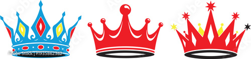 Photos Vibrant digital illustration of three regal crowns in blue red and red with yell