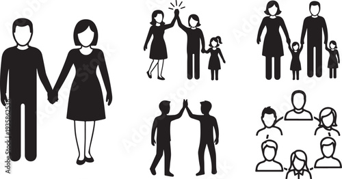 A collection of black silhouette illustrations depicting various human relationships and social interactions in a minimalist style