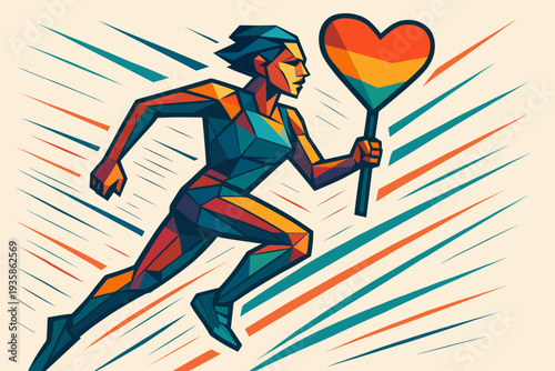 Abstract runner holding rainbow heart sign in dynamic motion