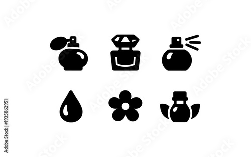 Collection of elegant perfume bottle icons and related symbols for beauty and fragrance