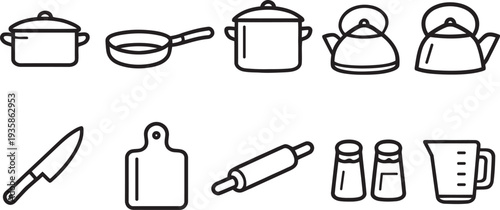 Black and white line icons depicting various kitchen cookware and utensils