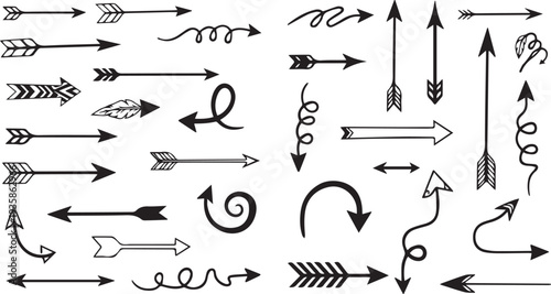 Collection of hand drawn arrows in various styles and directions on white background