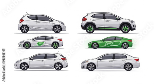 Collection of diverse modern electric cars in white and green colors.