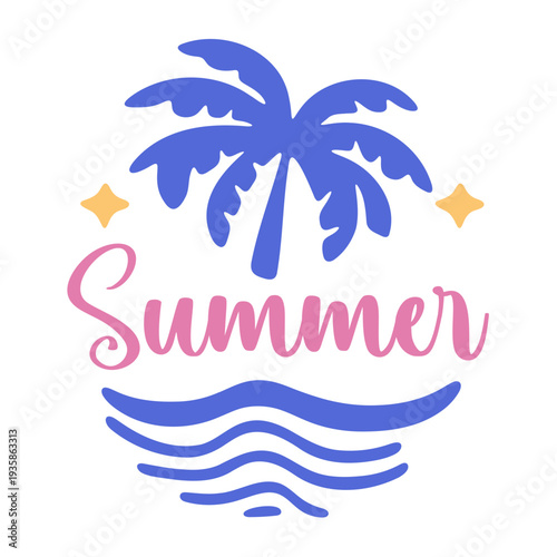 A colorful vector graphic illustration of a summer icon with a palm tree and wavy lines