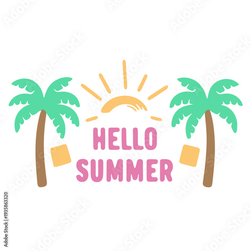 A colorful vector graphic illustration of a summer scene with palm trees and the words 'Hello Summer'