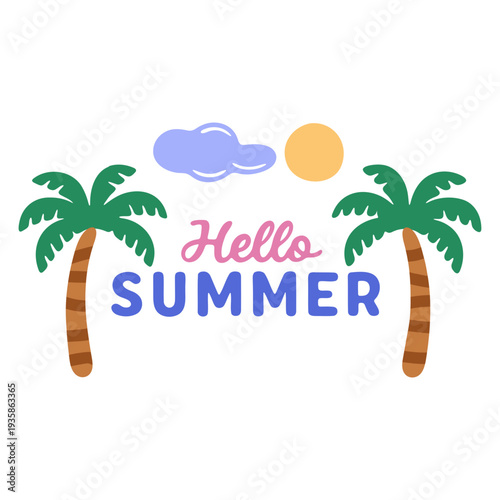 A colorful vector graphic illustration of a summer theme with palm trees and the words 'Hello Summer'