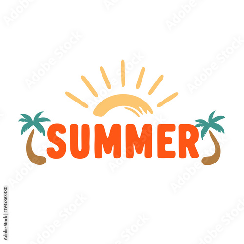 A vibrant summer icon featuring palm trees and a sun