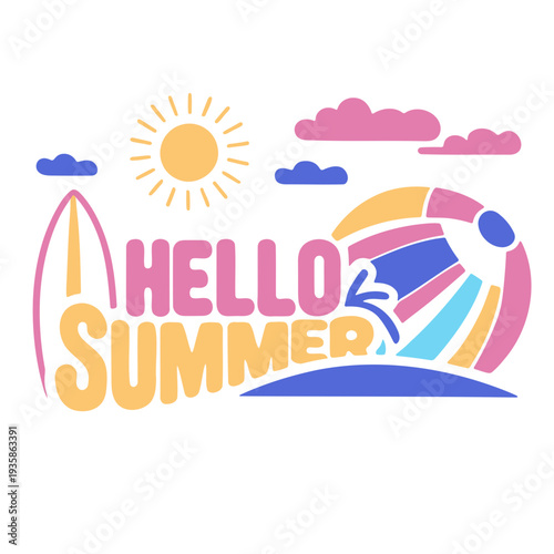 A colorful vector graphic illustration of a summer theme with the words 'Hello Summer' in bold, playful letters.