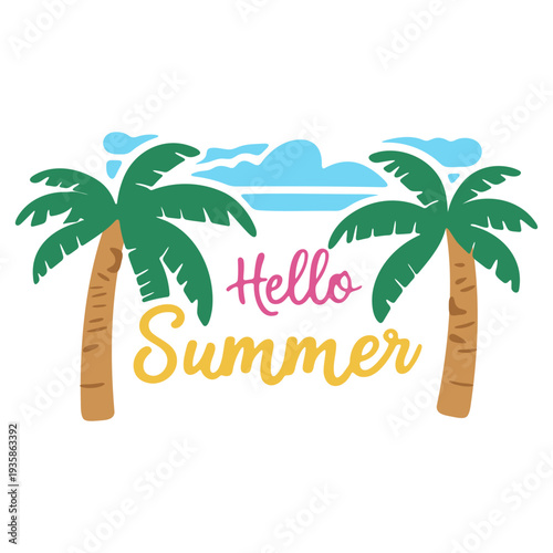 A colorful vector graphic illustration of two palm trees and the words 'Hello Summer' in a fun, playful design