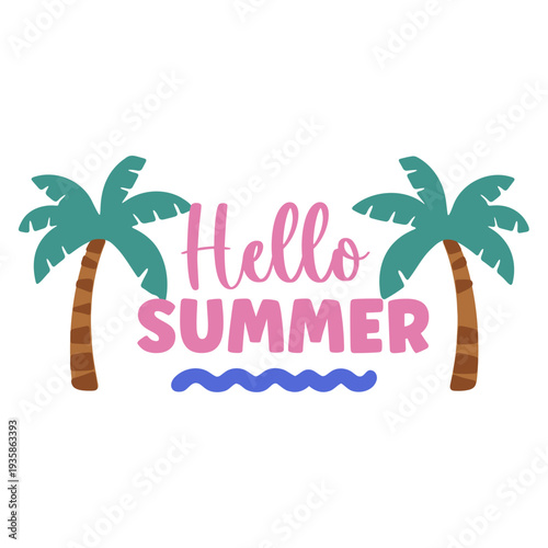 A colorful vector graphic illustration of a summer greeting with palm trees
