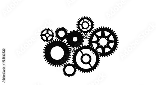 A collection of black gear wheels on a pure for industrial or mechanical concepts
