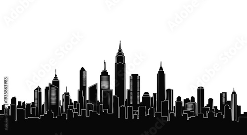 Black silhouette of new york city skyline with iconic skyscrapers
