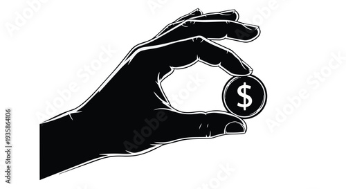 A black silhouette of a hand holding a dollar coin on a with a financial concept