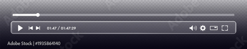 Videoplayer bar template glass morphism style with button play, timelime. Audio player for songs, podcast playlist