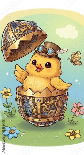 Cute steampunk chick hatching from a mechanical egg with goggles and gears for children background poster and banner design