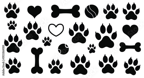Collection of black dog paw prints, bones, hearts, and ball icons on for pet lovers and design use
