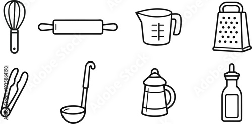 Line art illustration of various baking and cooking utensils arranged in rows