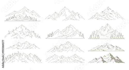 Collection of various mountain ranges in a line drawing style