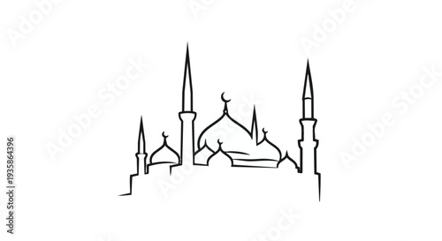 Vector illustration of a mosque with minarets in simple line art style