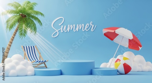 Summer beach composition with palm tree striped deck chair and red umbrella for panoramic banner background and promotional design