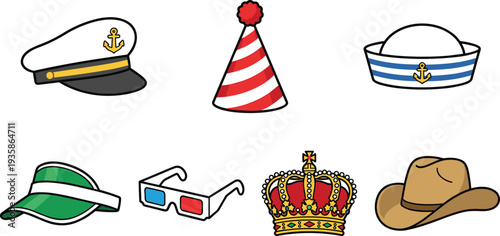 Collection of Various Colorful Hats and Accessories Including Sailor Caps Party Hat Crown Cowboy Hat and Vintage 3D Glasses