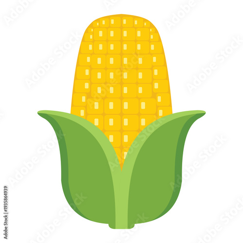 Corn Cob Icon – Flat Vector Maize with Green Husk Isolated on White Background
