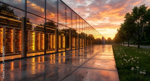 Modern data center building exterior with glowing server racks at sunset