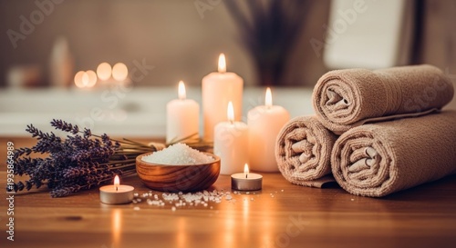 Wallpaper Mural Soft candlelight illuminates spa essentials rolled towels, lavender, and bath salts Torontodigital.ca