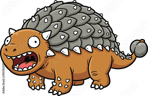 Cute Cartoon Ankylosaurus Dinosaur Character with Spikes and Armored Back Standing on Isolated White Background for Children Design Projects