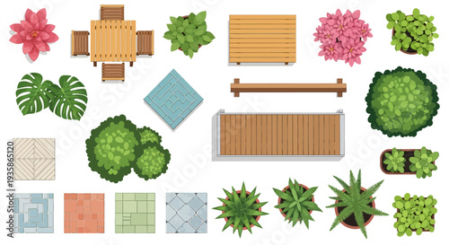 Aerial view of garden elements including plants furniture and paving