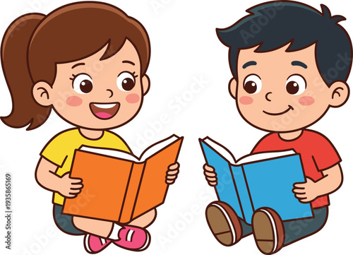 Cute Cartoon Boy and Girl Sitting on the Floor and Reading Books Together for Education and Childhood Learning Concept