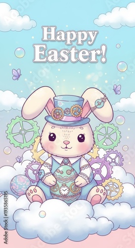 Cute steampunk easter bunny holding a decorated egg with gears clouds and butterflies for holiday card background and greeting design