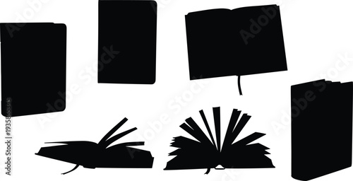 Black book silhouettes open closed fanned pages, abstract literary icons minimal design, education reading concept, creative illustration background knowledge art