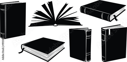 Minimalist black and white book illustrations, open book with pages fanned, closed books stacked, education, literature, reading, knowledge, study, learning