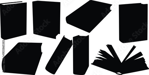 Silhouettes of books in various orientations, open and closed, upright and flat, minimalist design, literature, education, reading, study, knowledge, learning