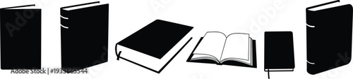 Book silhouettes in varied orientations, open and closed, upright and flat, minimalist black design, literature, education, reading, knowledge, study, learning, library