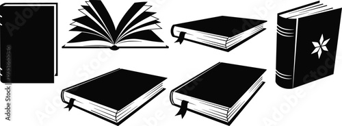 Stylized book silhouettes, open and closed, upright and flat, minimalist black design, literature, education, reading, knowledge, study, learning, library, academic, publishing, creative icons