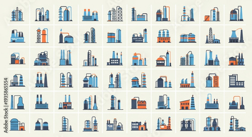Collection of industrial factory building icons and illustrations.