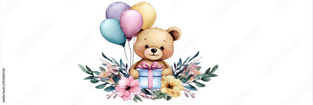 Naklejka premium A baby bear holds colorful balloons in one hand and a small gift box in the other. It stands in a garden filled with soft flowers during a sunny day, enjoying the moment, banner