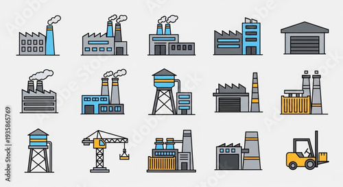 Collection of Industrial Factory Building Icons and Symbols.