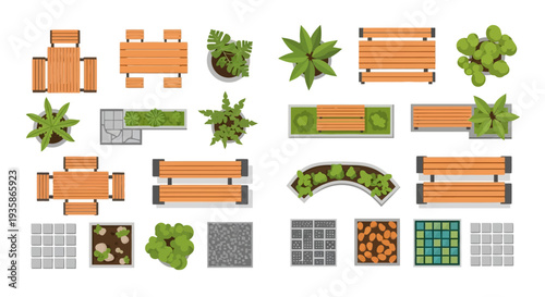 Top down view of park elements including benches plants and paving