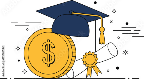 Graduation cap diploma and gold coin scholarship concept vector illustration isolated on light background education investment success