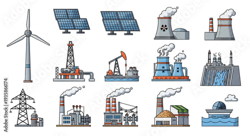 Collection of industrial energy production and power generation icons.