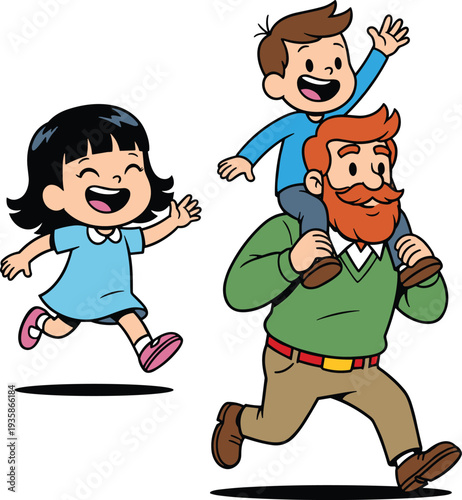 Happy father playing with his son on shoulders while his daughter running alongside in a joyful outdoor scene