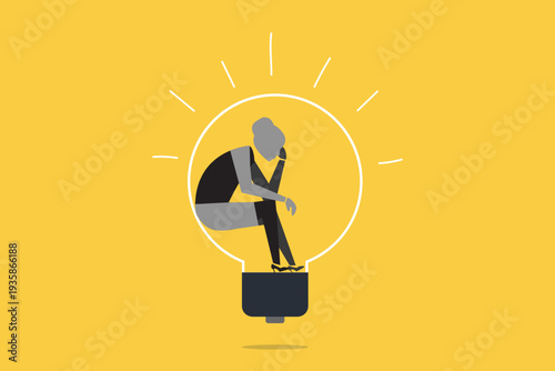 Business woman sitting thoughtfully inside a giant lightbulb, representing creative thinking, deep problem solving, innovation, and the birth of ideas