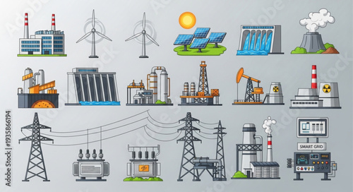 Collection of Industrial Energy Production and Power Generation Icons.