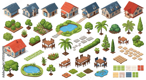 Isometric collection of colorful houses landscaping and garden elements