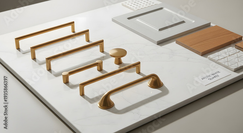 Modern Brass Kitchen Cabinet Hardware Display with Material Samples