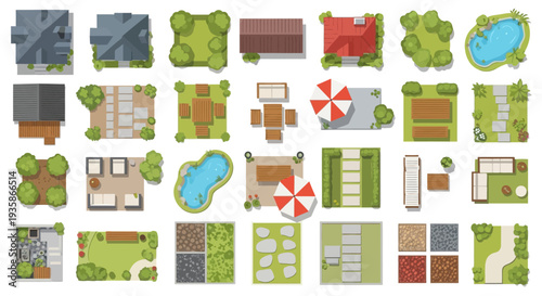 Aerial view set of various outdoor architectural elements and landscaping