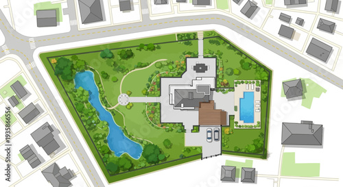 Architectural plan showcasing a luxurious estate with a pool and landscape